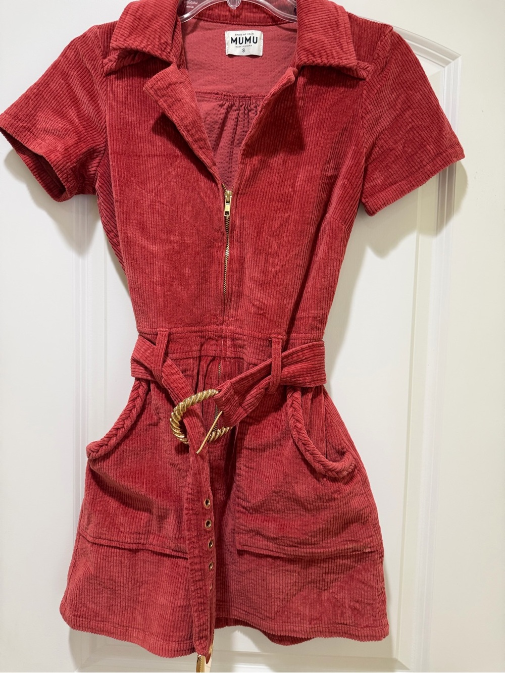 Show Me Your MuMu Rose Red Corduroy Zip-Front Mini Dress with Rope Belt